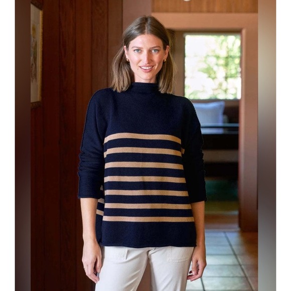 Frank & Eileen Monterey Sweater Camel/Navy Striped Boxy Cotton Medium - Picture 1 of 6